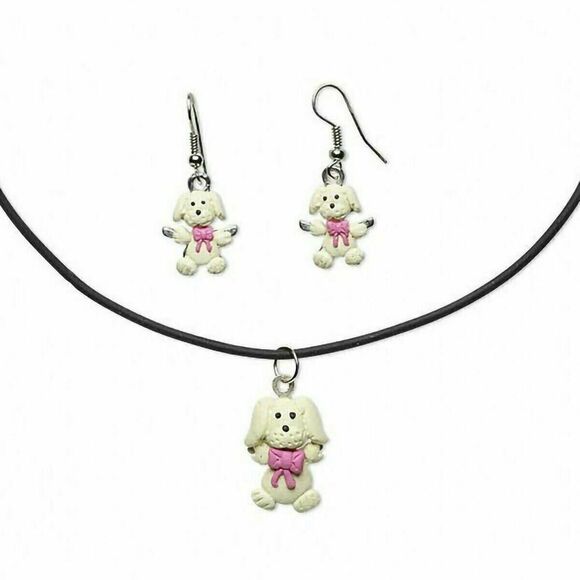 Handmade Puppy Dog with Bow Fimo Polymer Clay Necklace Earrings Jewelry Set - Picture 1 of 1